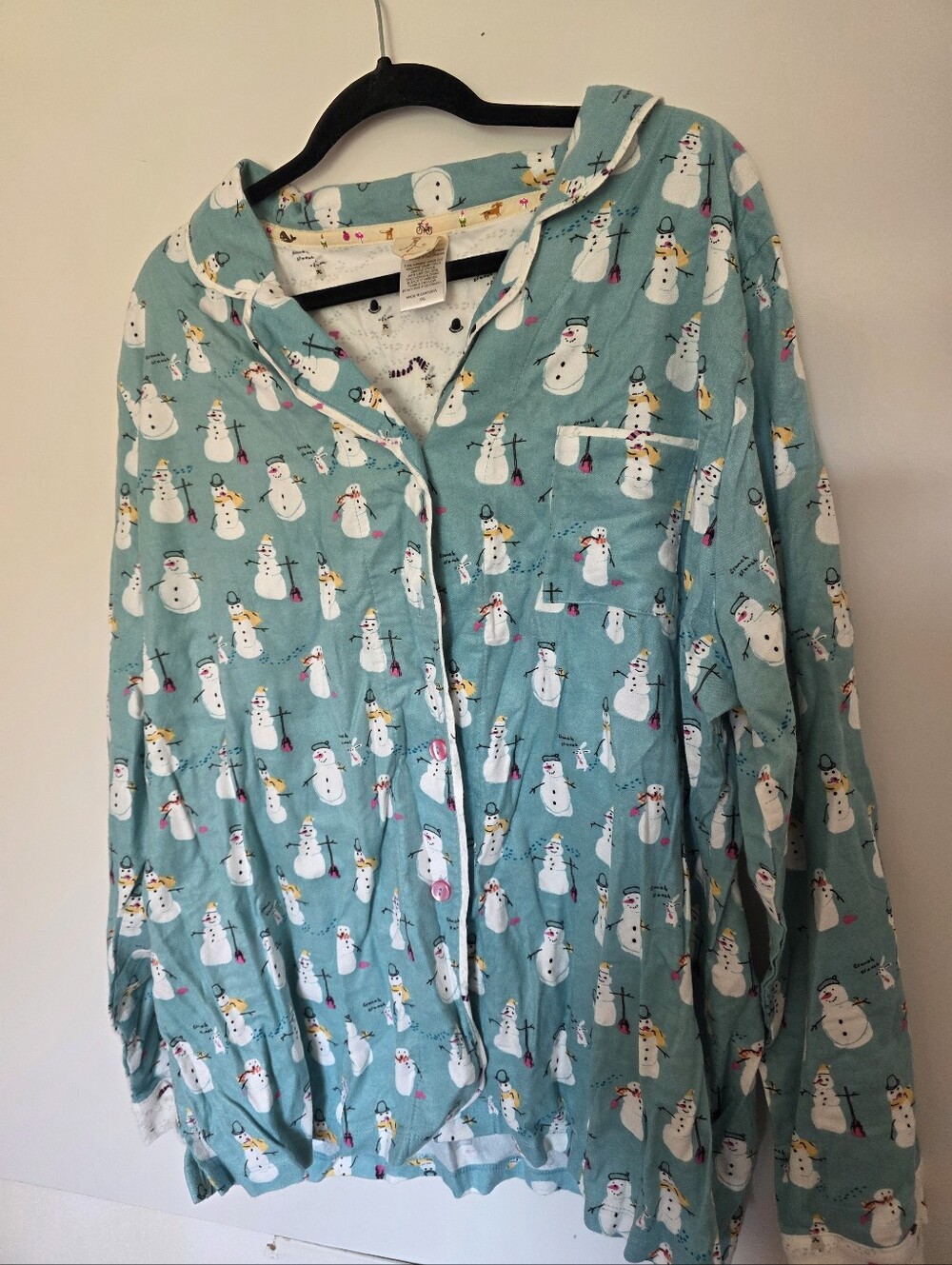 Munki Munki PJ Top Sz XXL Snowman Turquoise Aqua Button Flannel Winter Festive